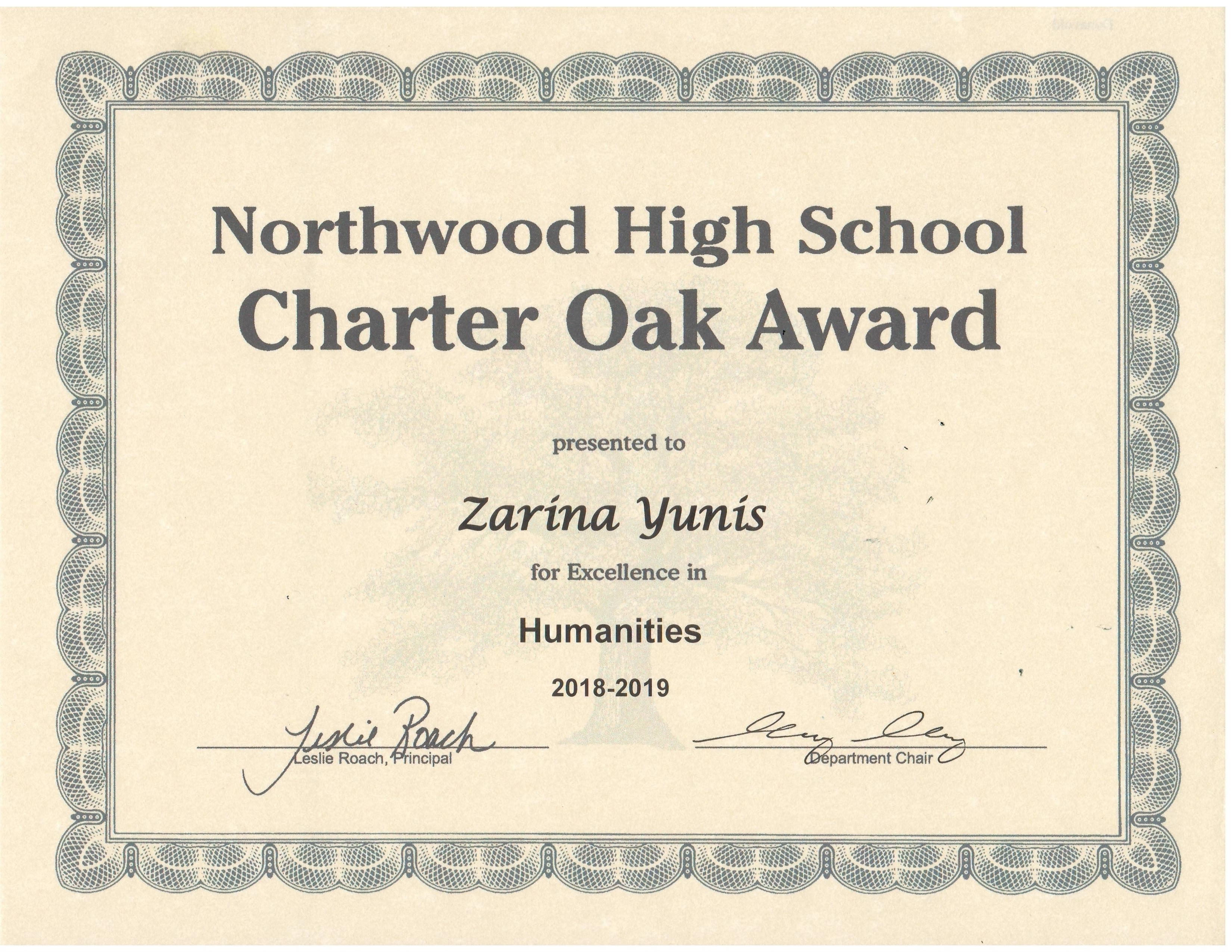 Zarina Charter Oaks Award Humanities