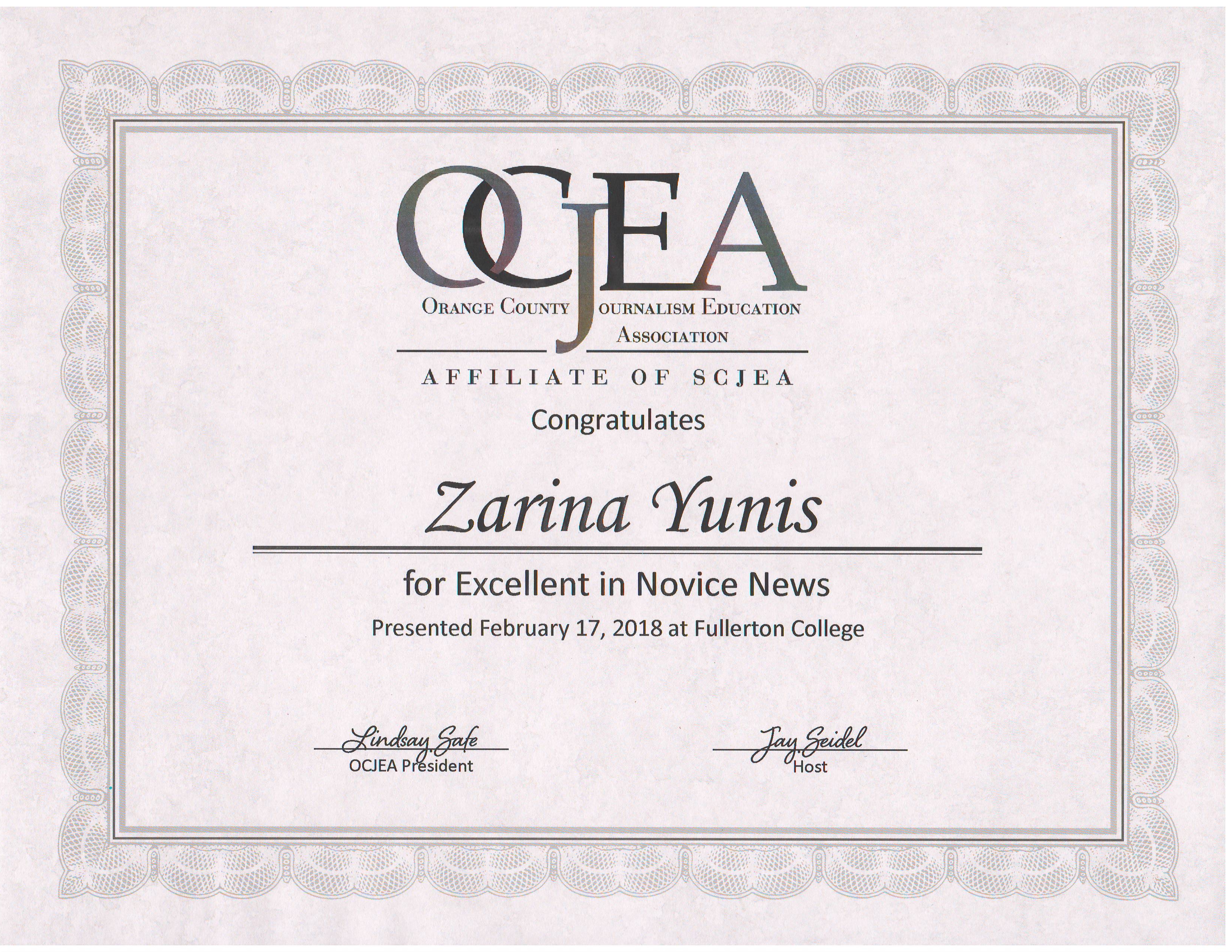 Zarina OCJE Novice News Award
